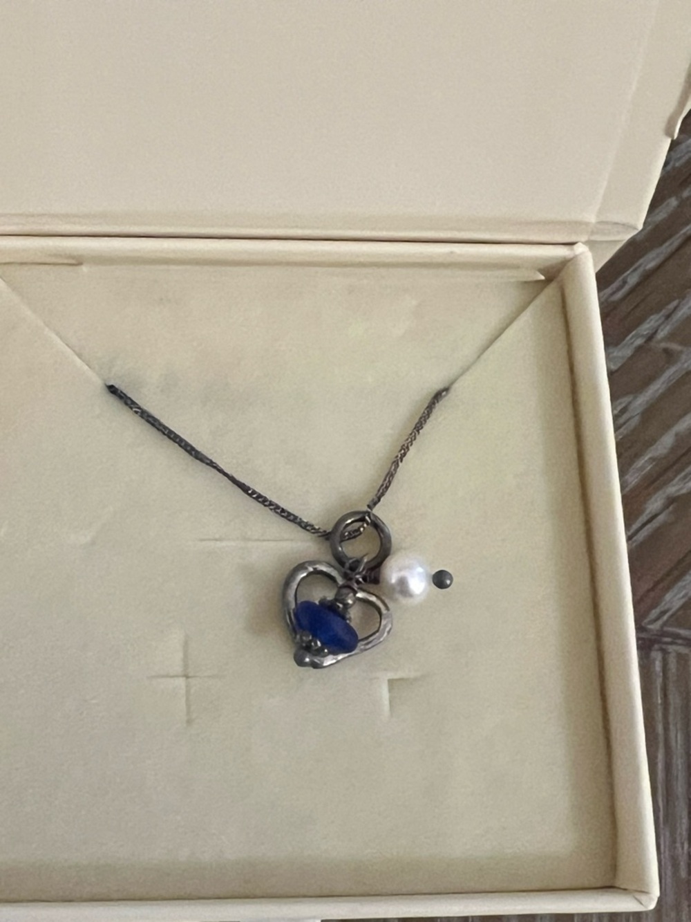 Silver Heart Pendant Necklace with Blue Stone and Pearl